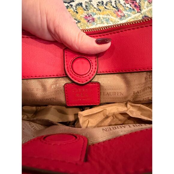 Lauren Ralph Lauren Red Newbury Double Zip Satchel Handbag Purse - Picture 13 of 15